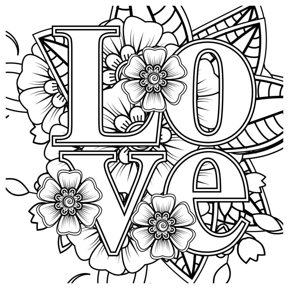 Palavras de amor com flores mehndi para colorir livro de colorir ornamento de doodle vetor