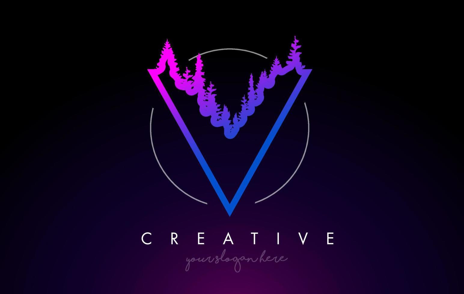 ideia criativa do logotipo da letra v com pinheiros. desenho da letra V com pinheiro no topo vetor