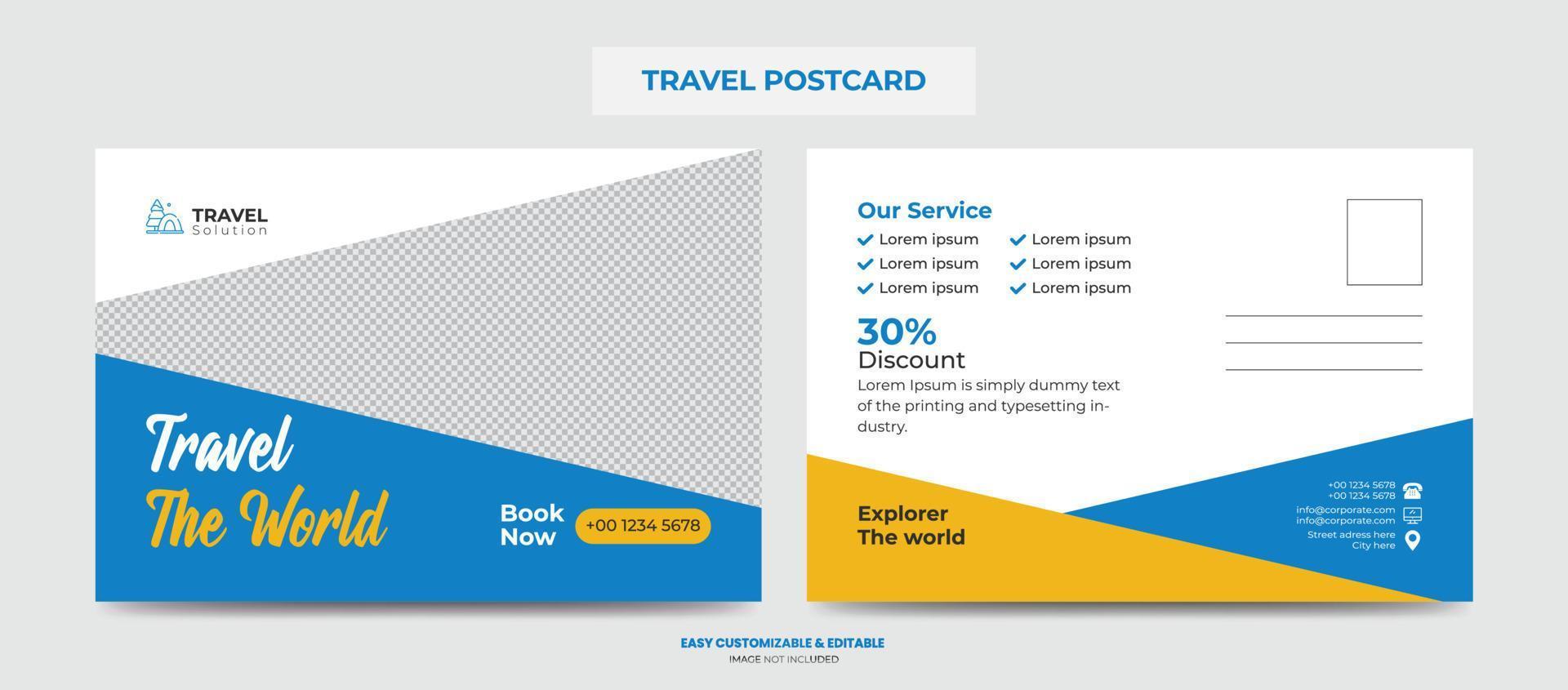 modelo de design de cartão postal de viagens modernas. cartão postal da agência de viagens vetor