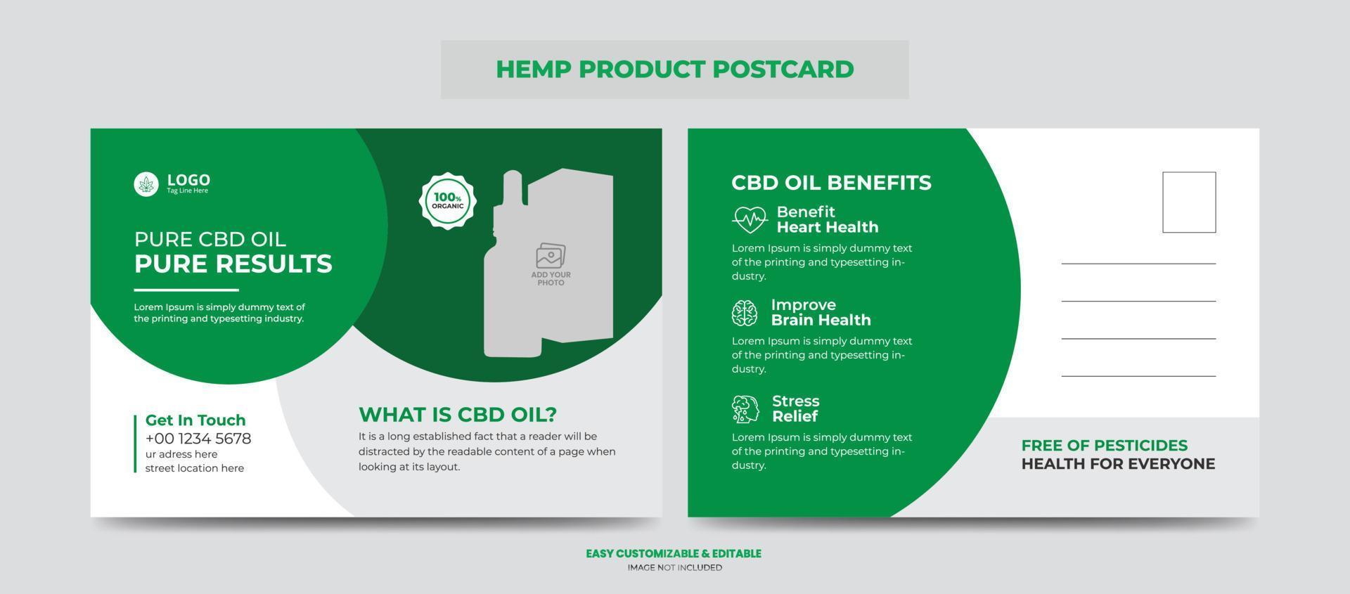 cartão postal de produto de cânhamo ou cbd. modelo de design de cartão postal promocional ou de venda de produto cannabis sativa vetor