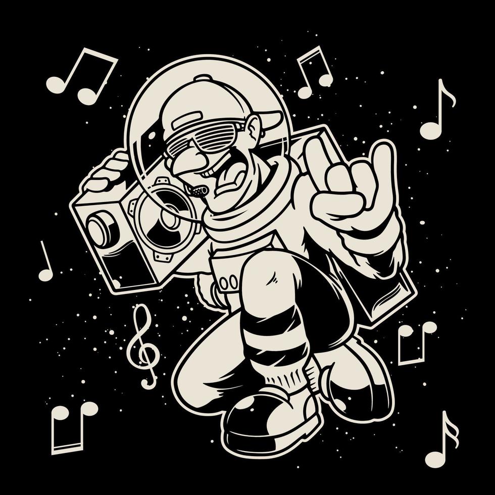 mão desenhada de astronauta no espaço com estilo rapper trazer rádio. vetor