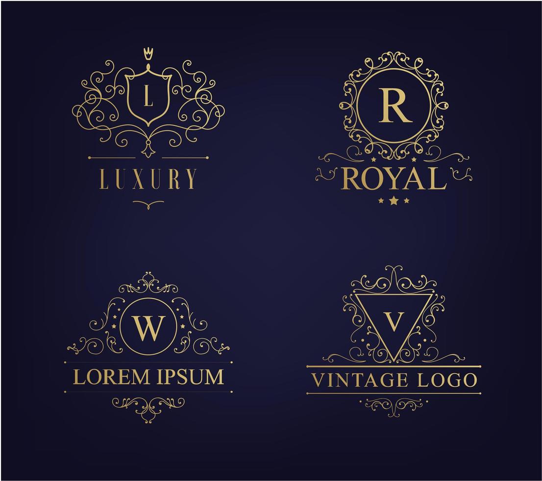 logotipo de vetor de luxo com cristas heráldicas e floreios caligráficos