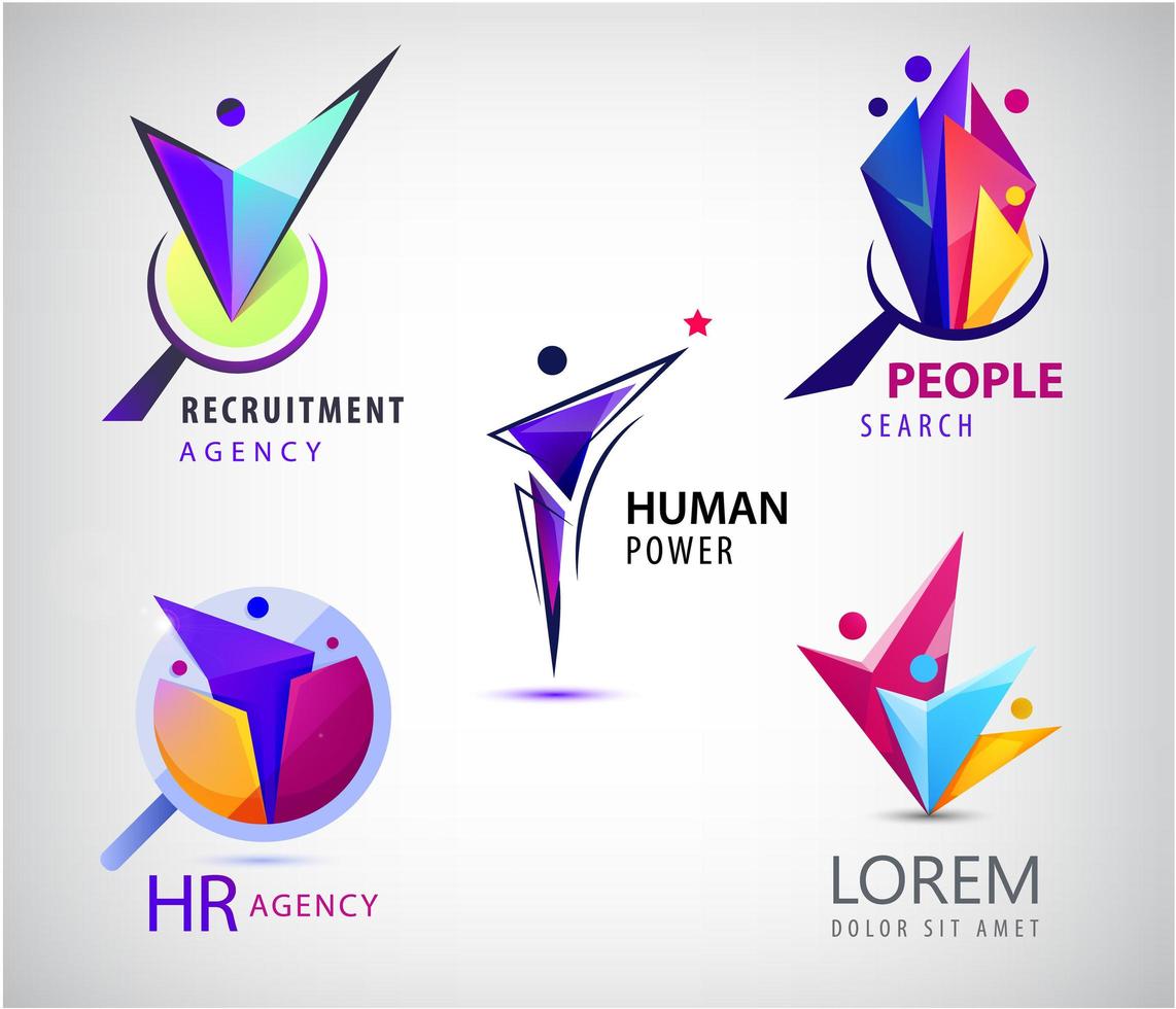 conjunto de vetores de logotipo de pessoas humanas, facetadas. pesquisa de RH, logotipos de recrutamento. pessoas de origami, 3, 4,1 pessoa dentro da lupa, procura de emprego