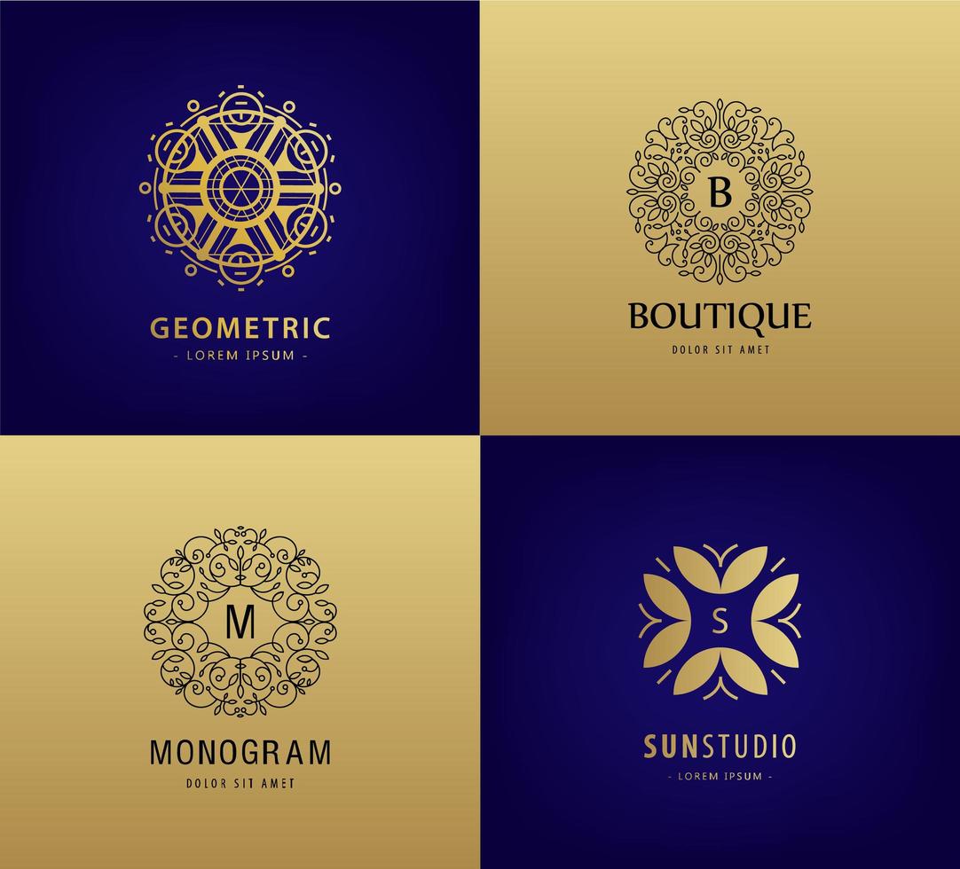 conjunto de vetores de monograma de luxo, logotipos vintage. ícones de ornamento de círculo abstrato para cosméticos, hotel, spa