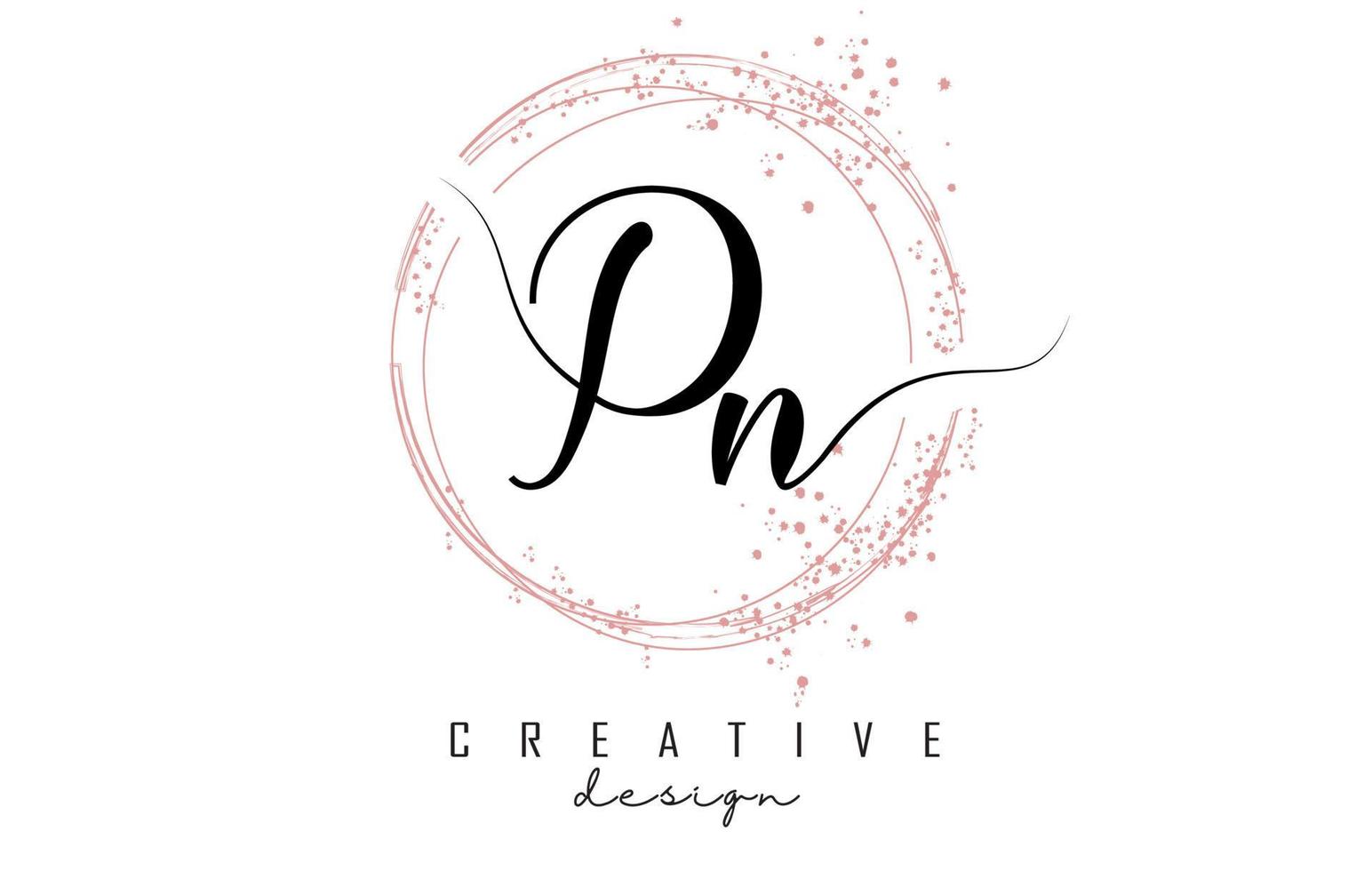 manuscrito, logotipo da carta pn pn com círculos cintilantes com glitter rosa. vetor