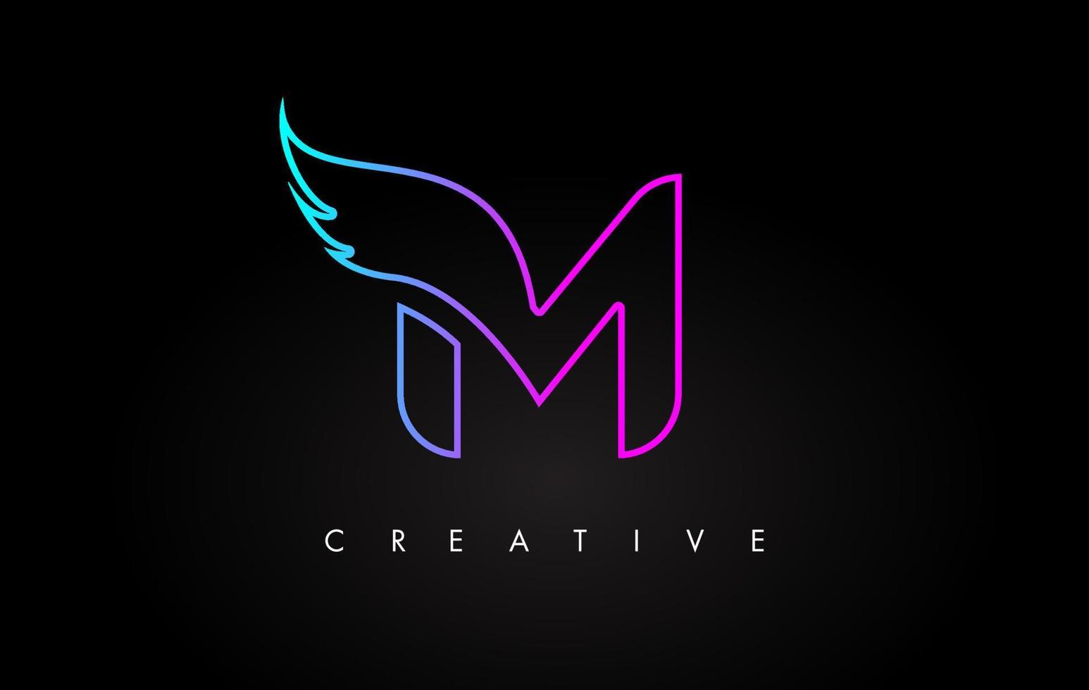 Projeto do ícone do logotipo da letra neon m com asa criativa nas cores azul púrpura magenta vetor