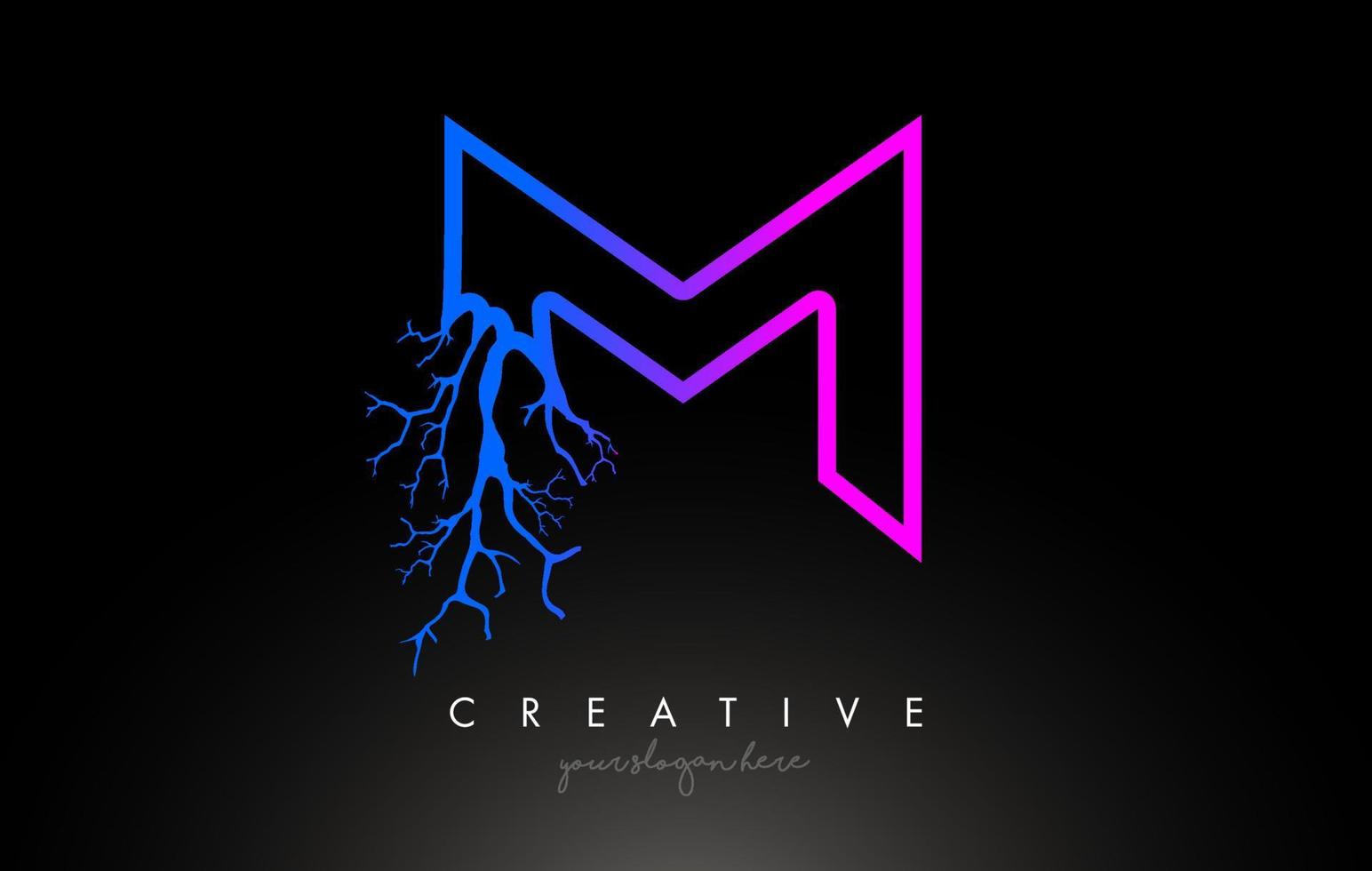 árvore letra m design logotipo com galho de árvore azul roxo. logotipo do ícone da árvore da letra m vetor