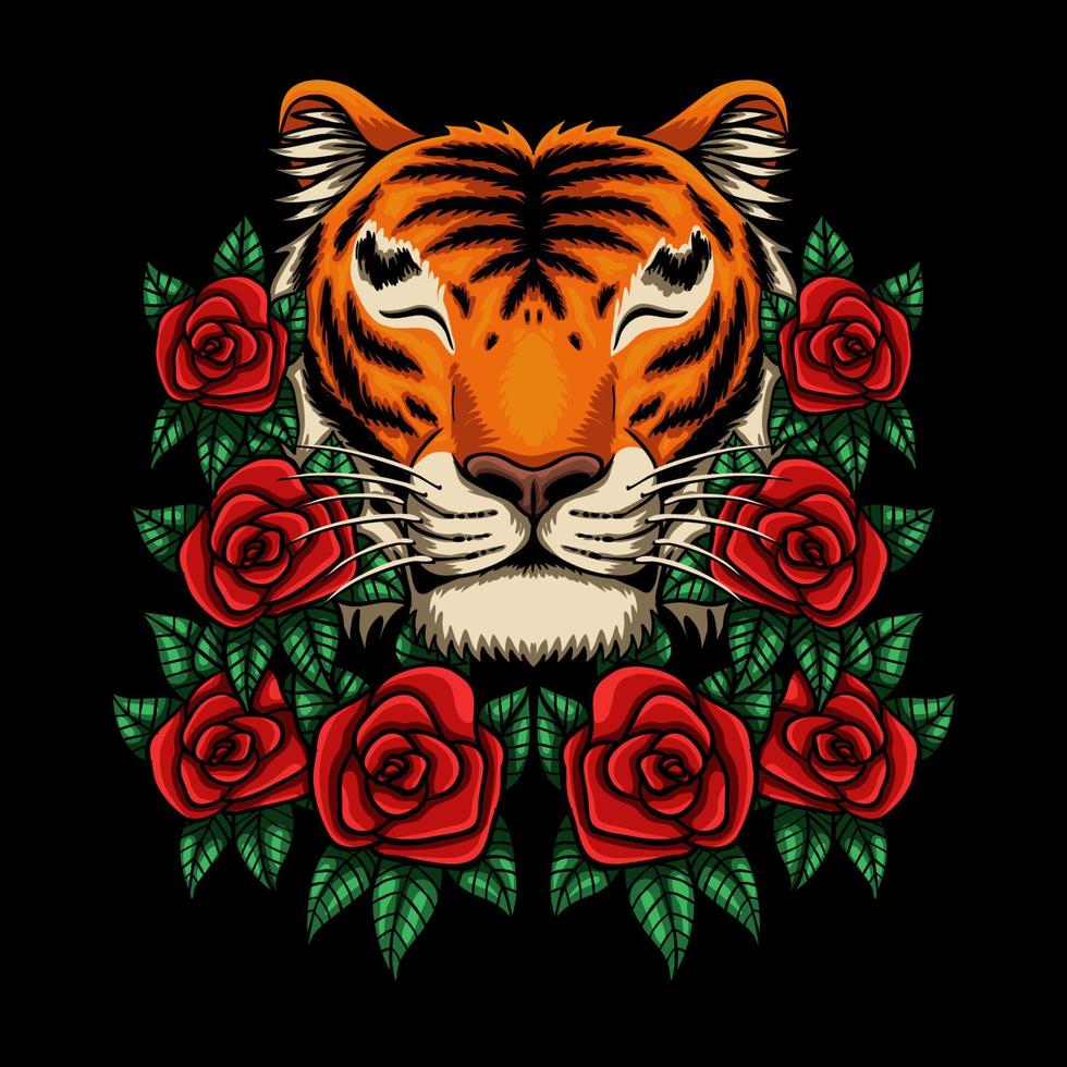 sorriso tigre com ilustração vetorial de flor rosa vetor