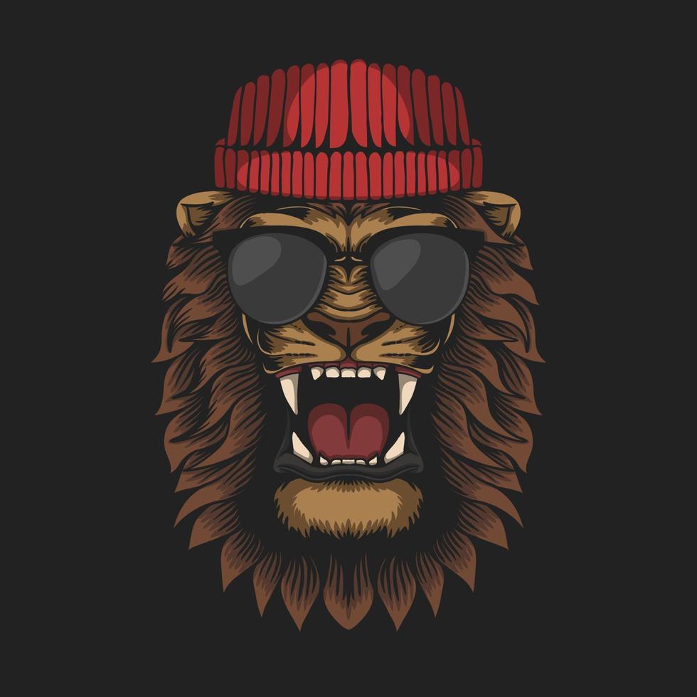 ilustração vetorial cabeça de leão usando chapéu e óculos vetor