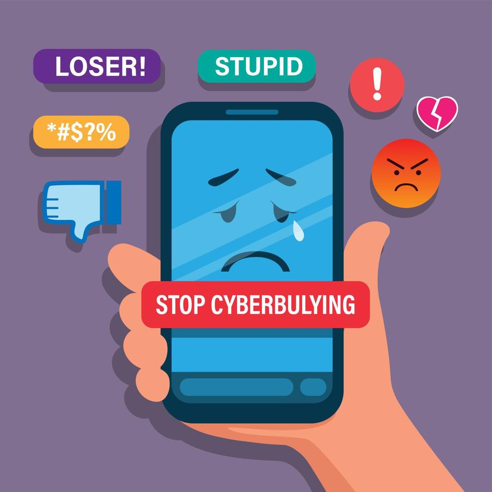 pare o cyberbullying. mão segurando um smartphone com um emoticon ruim. vetor