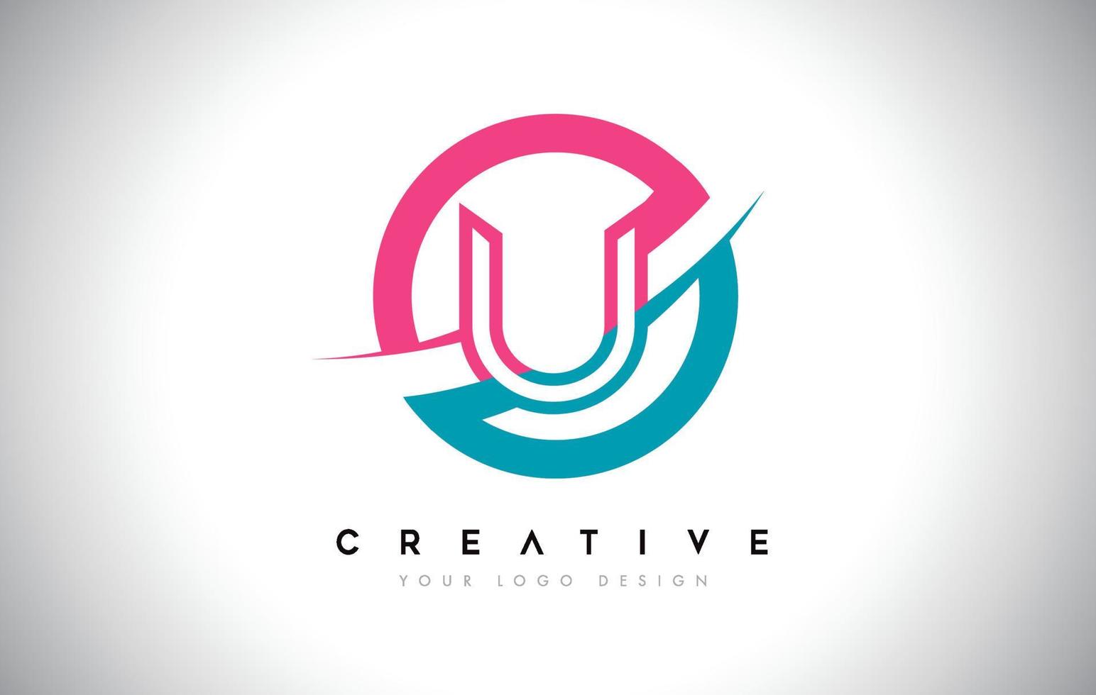 Ícone de logotipo de design de letra u com círculo e vetor de design swoosh e cor-de-rosa azul.