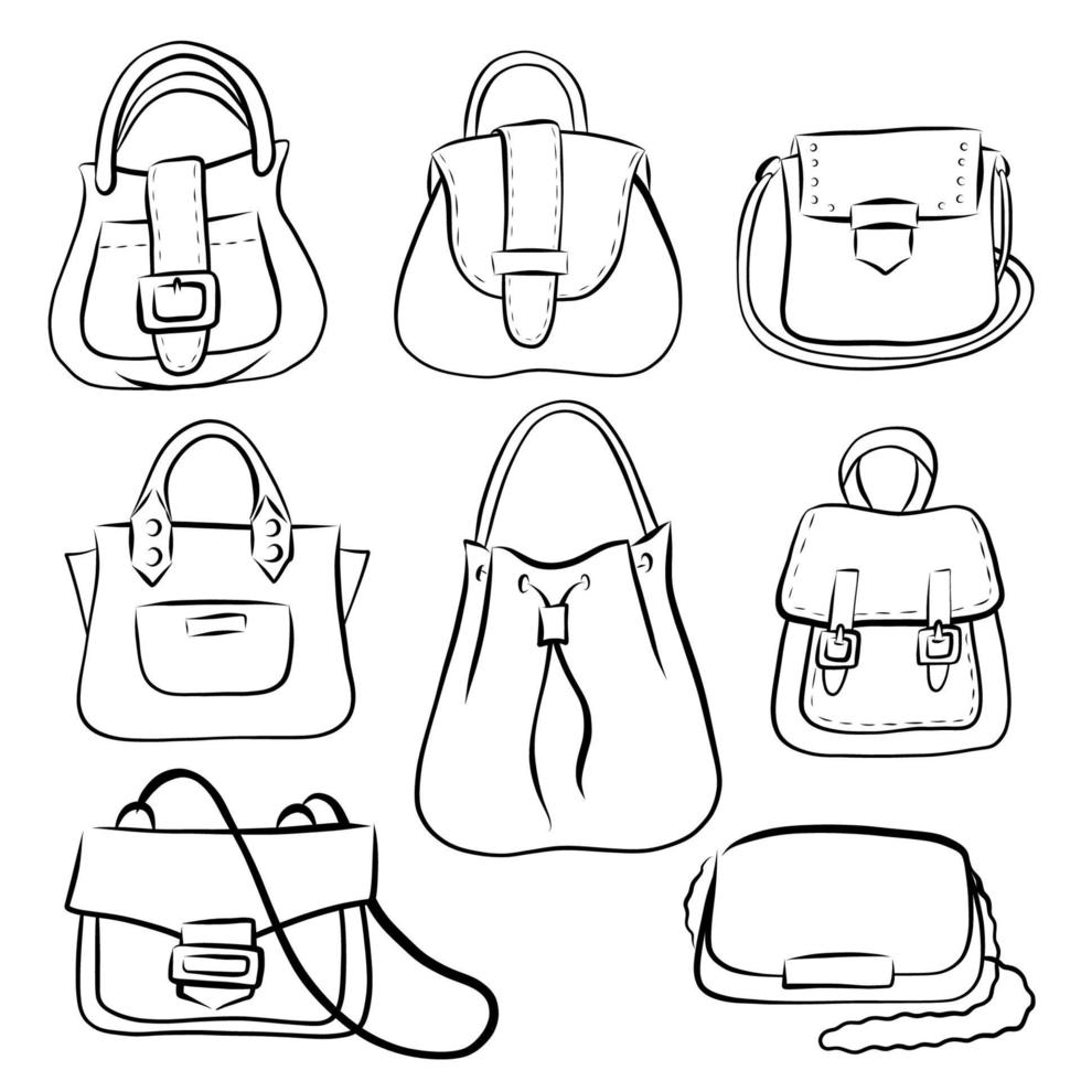 um conjunto de contorno de bolsas femininas, desenhadas à mão. contorno preto sobre fundo branco. vetor. estilo do doodle. vetor