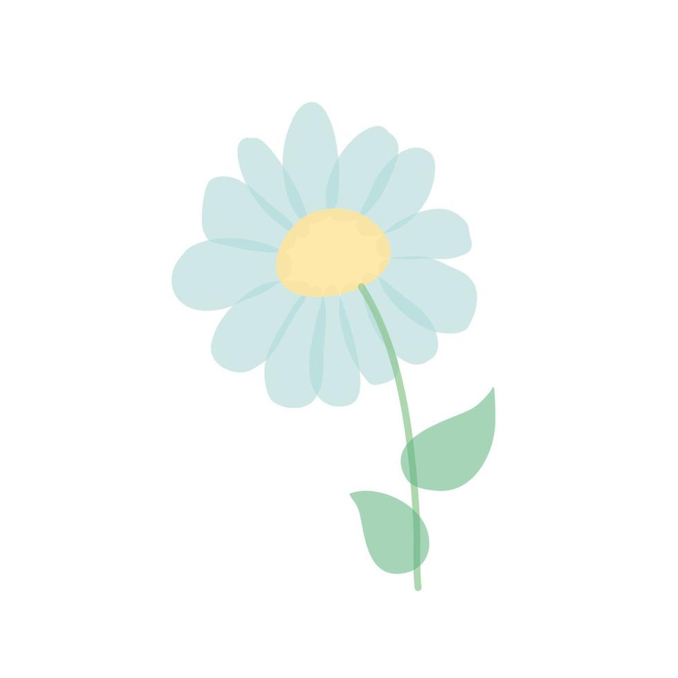 camomila isolada no fundo branco. ilustração em vetor de flores de margarida azul com folhas verdes em estilo simples de desenho animado.