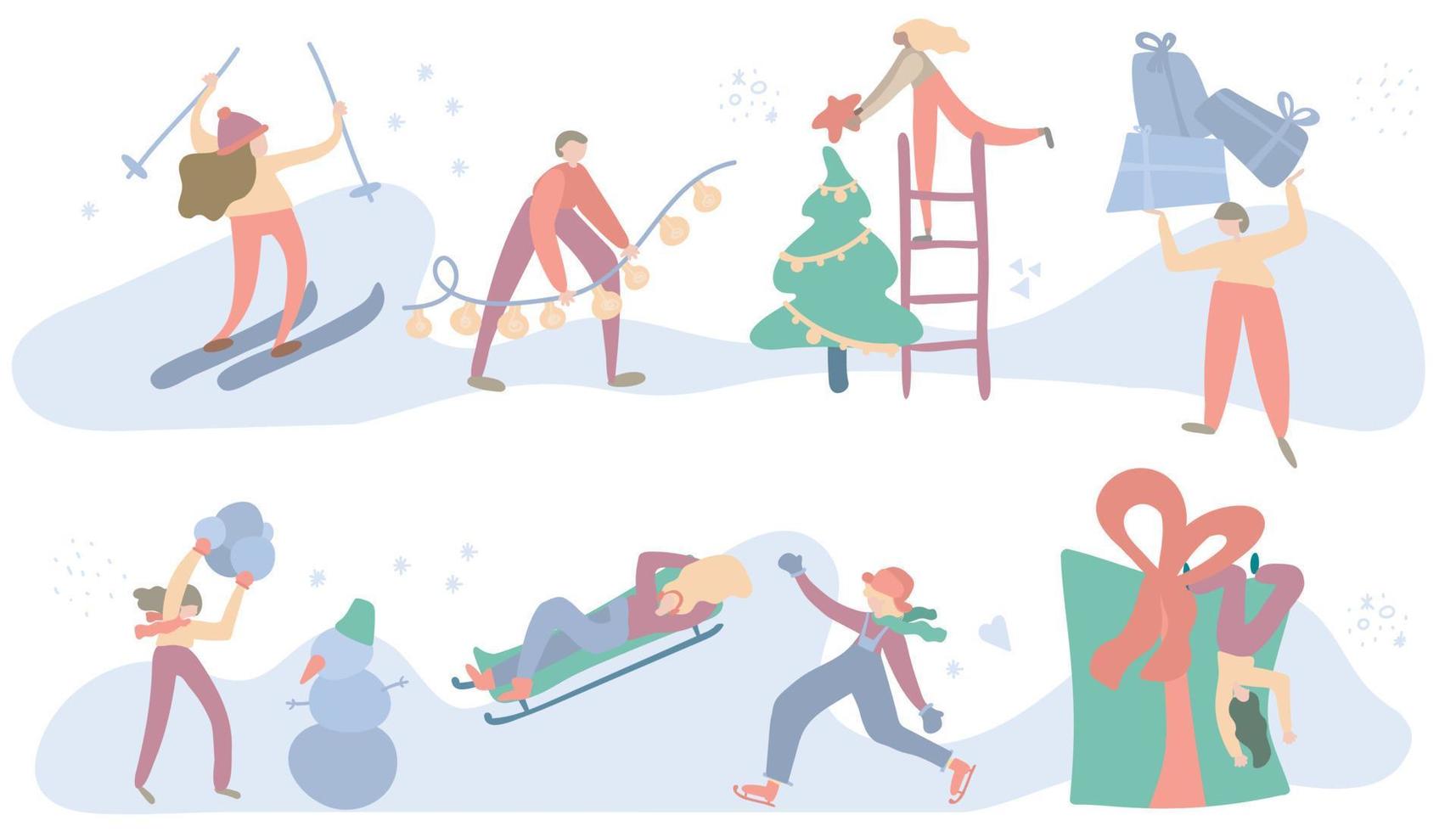 diferentes atividades de inverno ao ar livre dos jovens. conjunto de diversão de Natal de família atividade ao ar livre. árvore de natal, compras, fazer um boneco de neve vetor