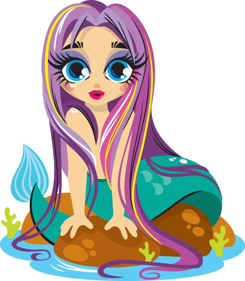 pequena sereia roxa com cabelo comprido sentada em uma pedra vetor