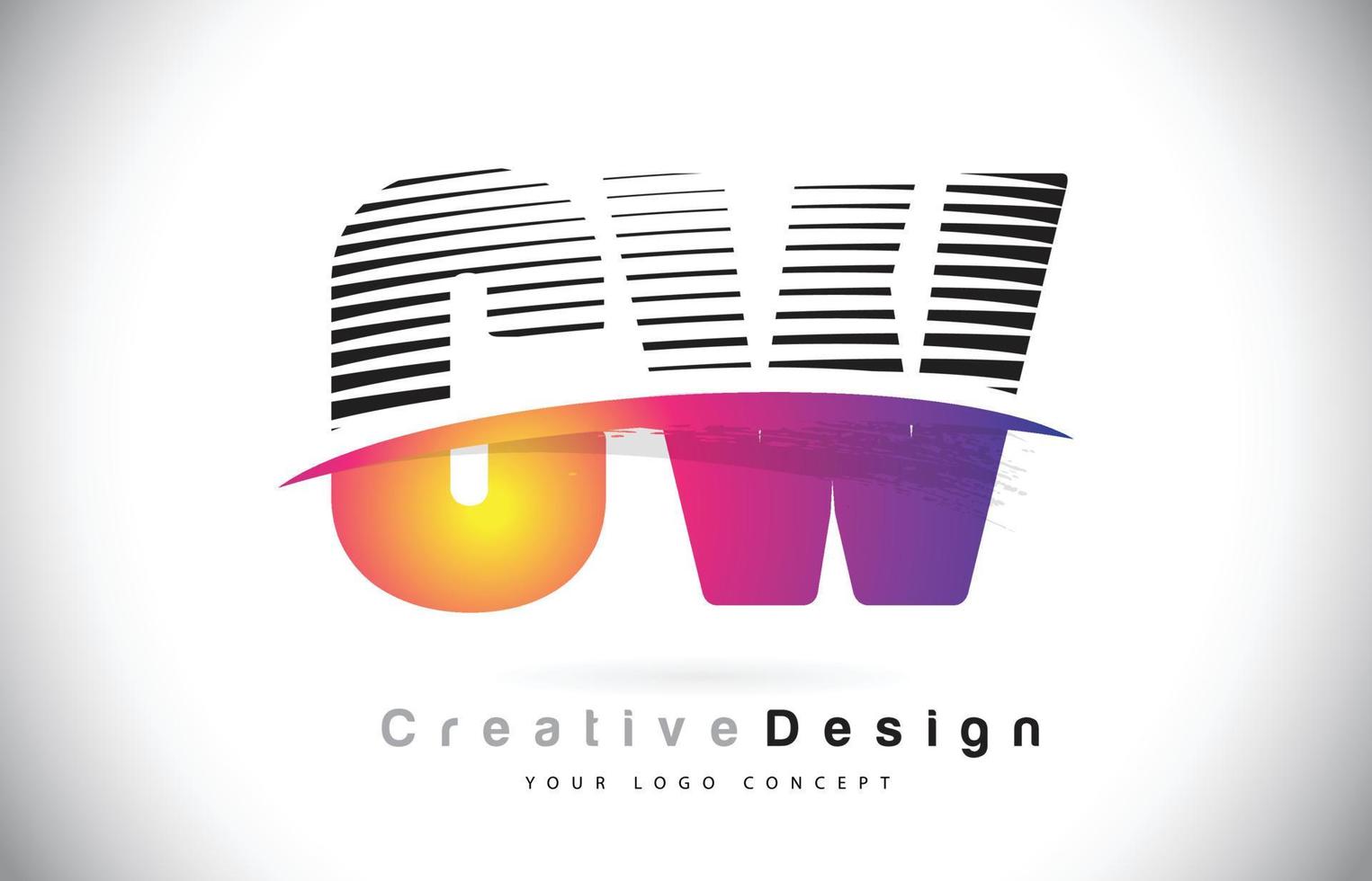 design do logotipo da letra cw cw com linhas criativas e swosh na cor roxa do pincel. vetor