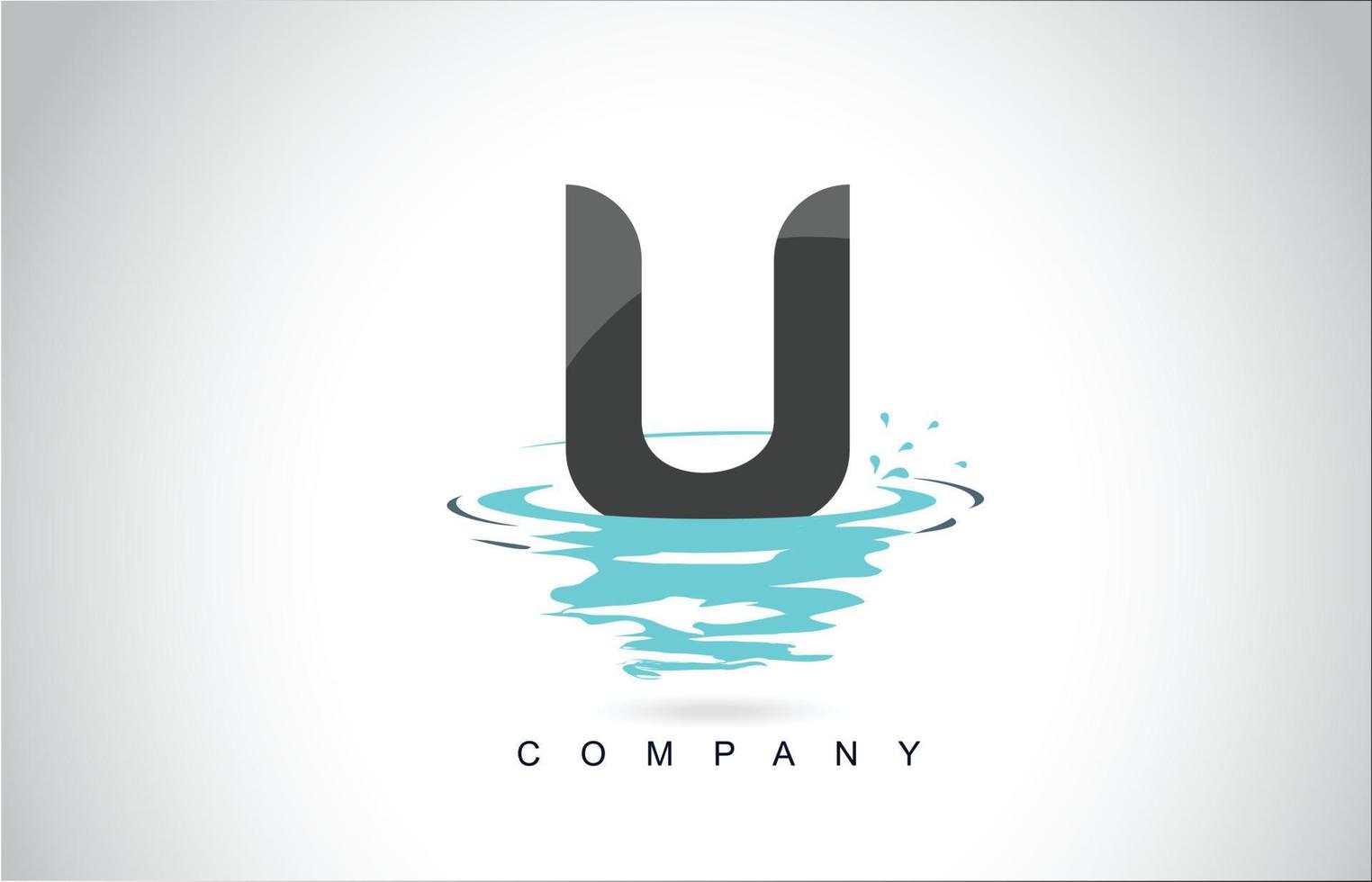 design do logotipo da letra u com respingos de água, ondulações, gotas, reflexo vetor