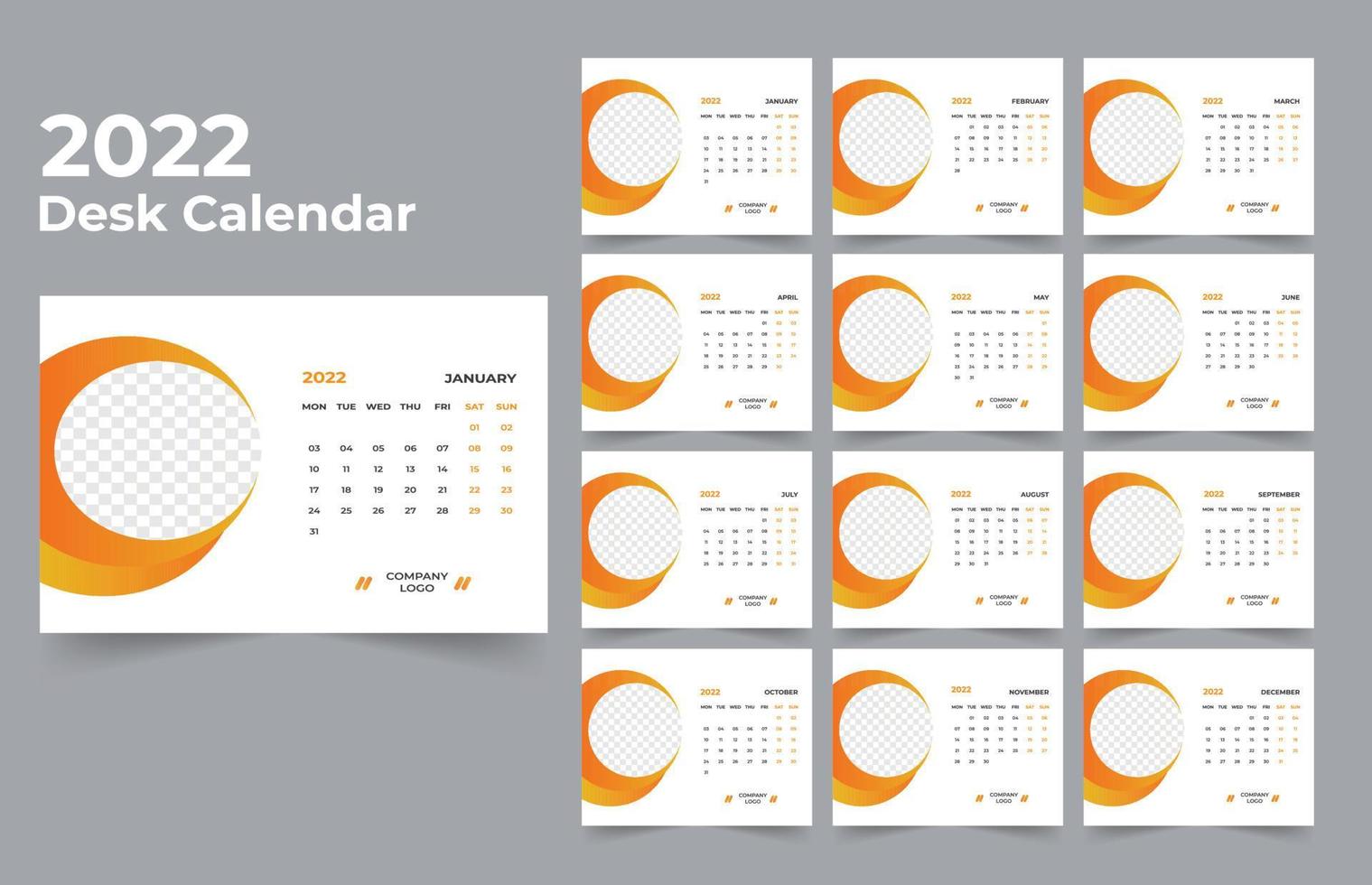 modelo de design de calendário de mesa 2022 conjunto de 12 meses, semana começa na segunda, design de papelaria, planejador de calendário vetor