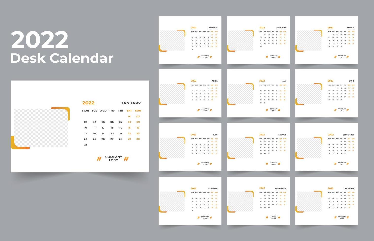 modelo de design de calendário de mesa 2022 conjunto de 12 meses, semana começa na segunda, design de papelaria, planejador de calendário vetor