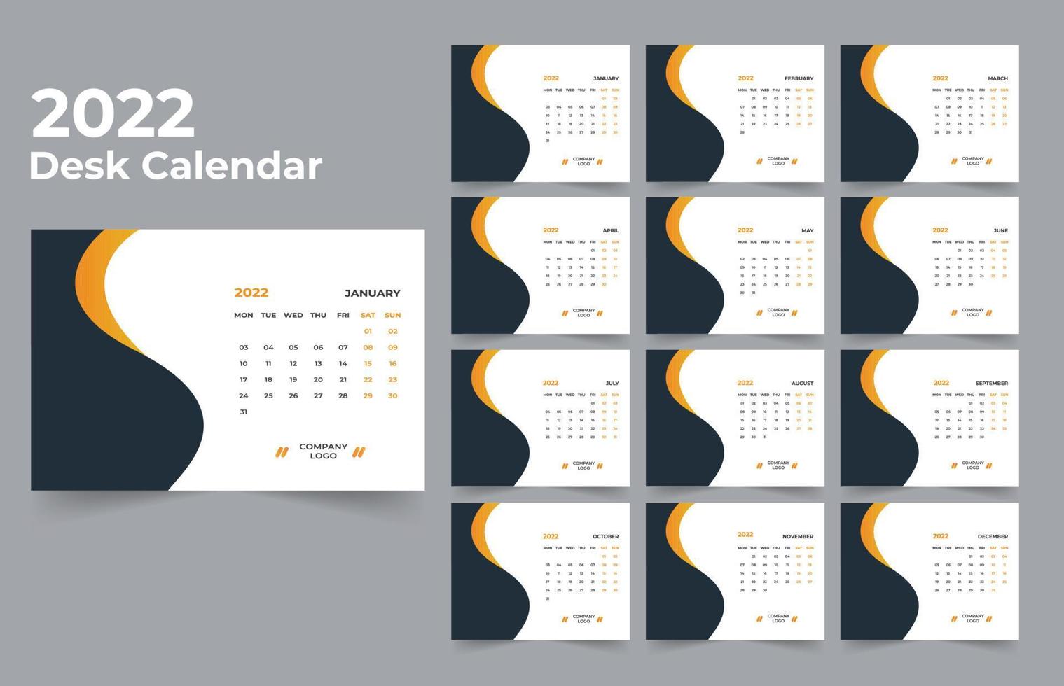 modelo de design de calendário de mesa 2022 conjunto de 12 meses, semana começa na segunda, design de papelaria, planejador de calendário vetor