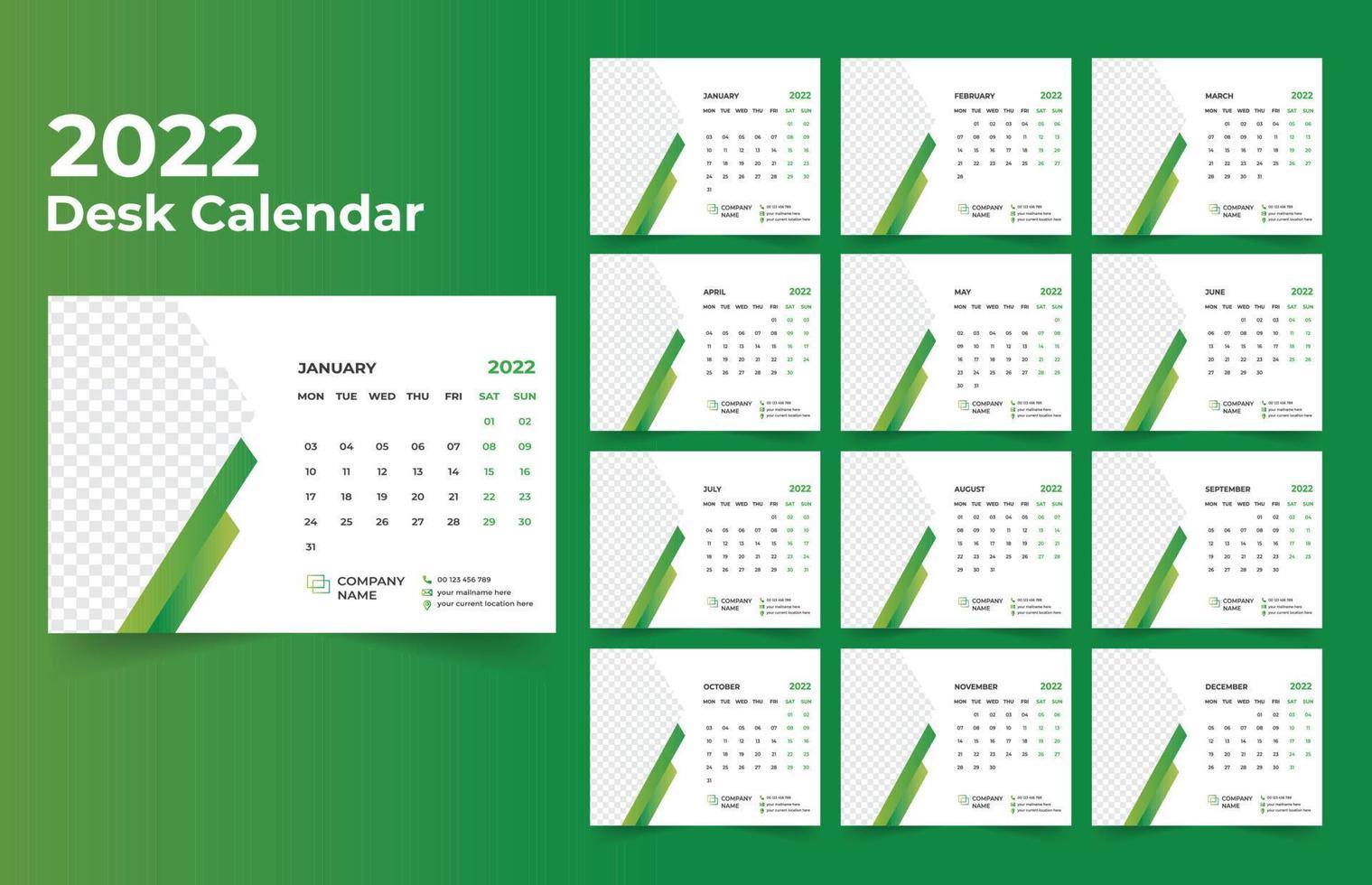 modelo de design de calendário de mesa 2022 conjunto de 12 meses, semana começa na segunda, design de papelaria, planejador de calendário vetor