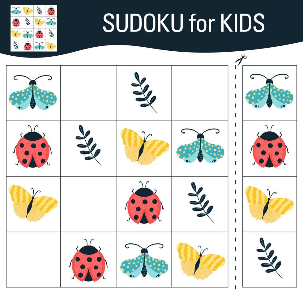 jogo de sudoku para crianças com fotos. borboletas dos desenhos animados, insetos e elementos do mundo natural. vetor. vetor