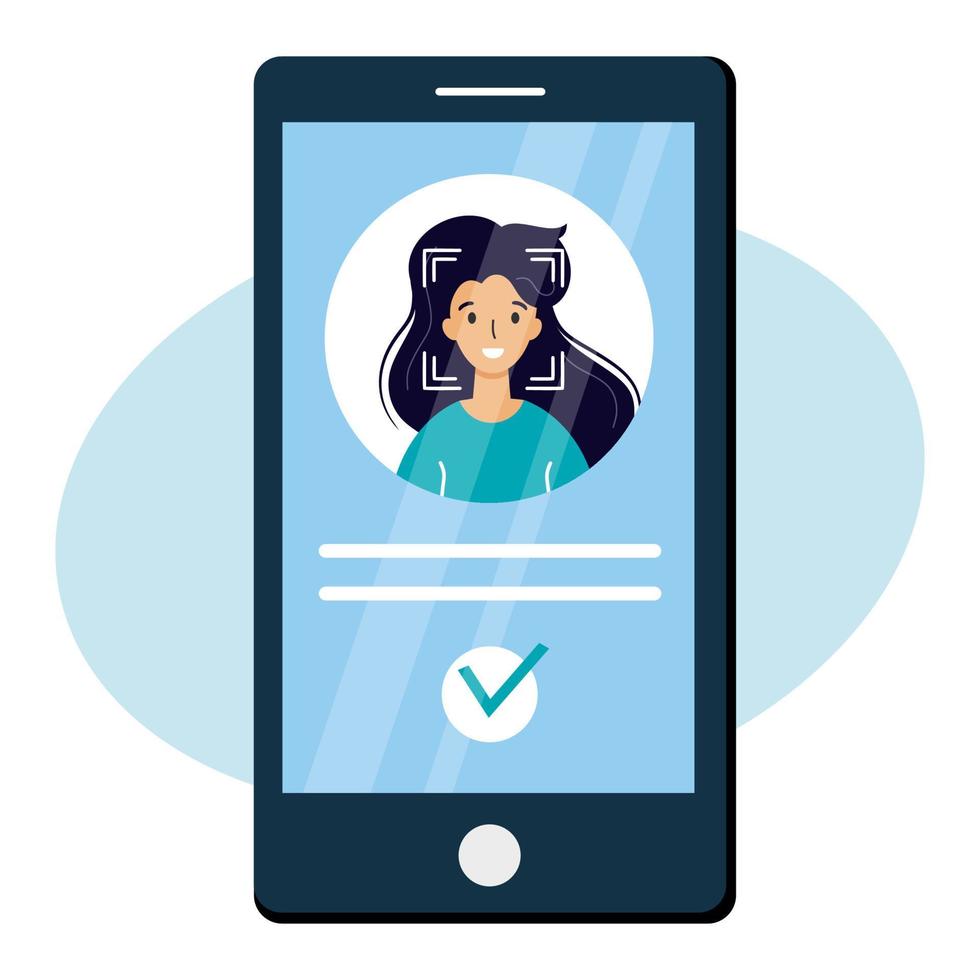 sistema de reconhecimento facial em smartphone. avatar de mulher no telefone. segurança digital e proteção de dados. vetor