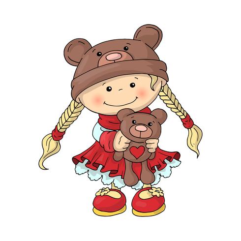 Uma menina bonitinha em um chapéu de urso de pelúcia em um vestido vermelho inteligente, com um ursinho de pelúcia nas mãos dela. vetor