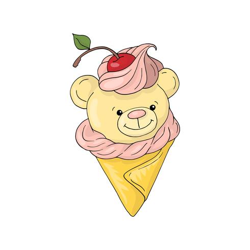 Menino bonito dos desenhos animados do cone de gelado de urso de peluche e ilustração branca do fundo da menina. vetor