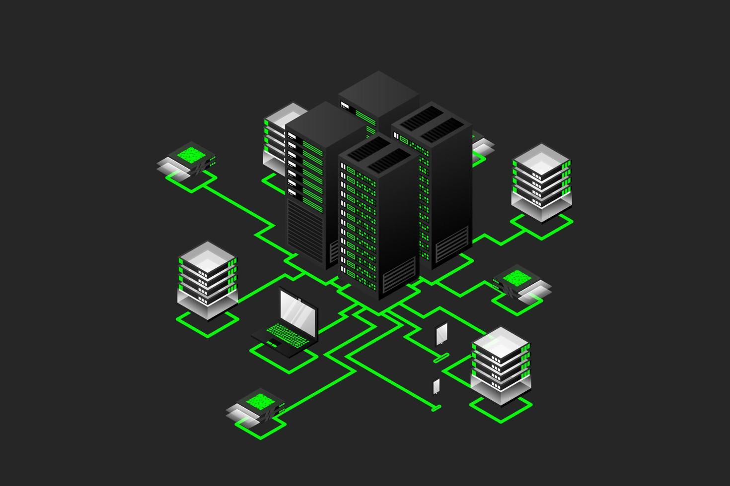 conceito de gerenciamento de rede de dados. Mapa isométrico de vetor com computadores e dispositivos de servidores de rede de negócios