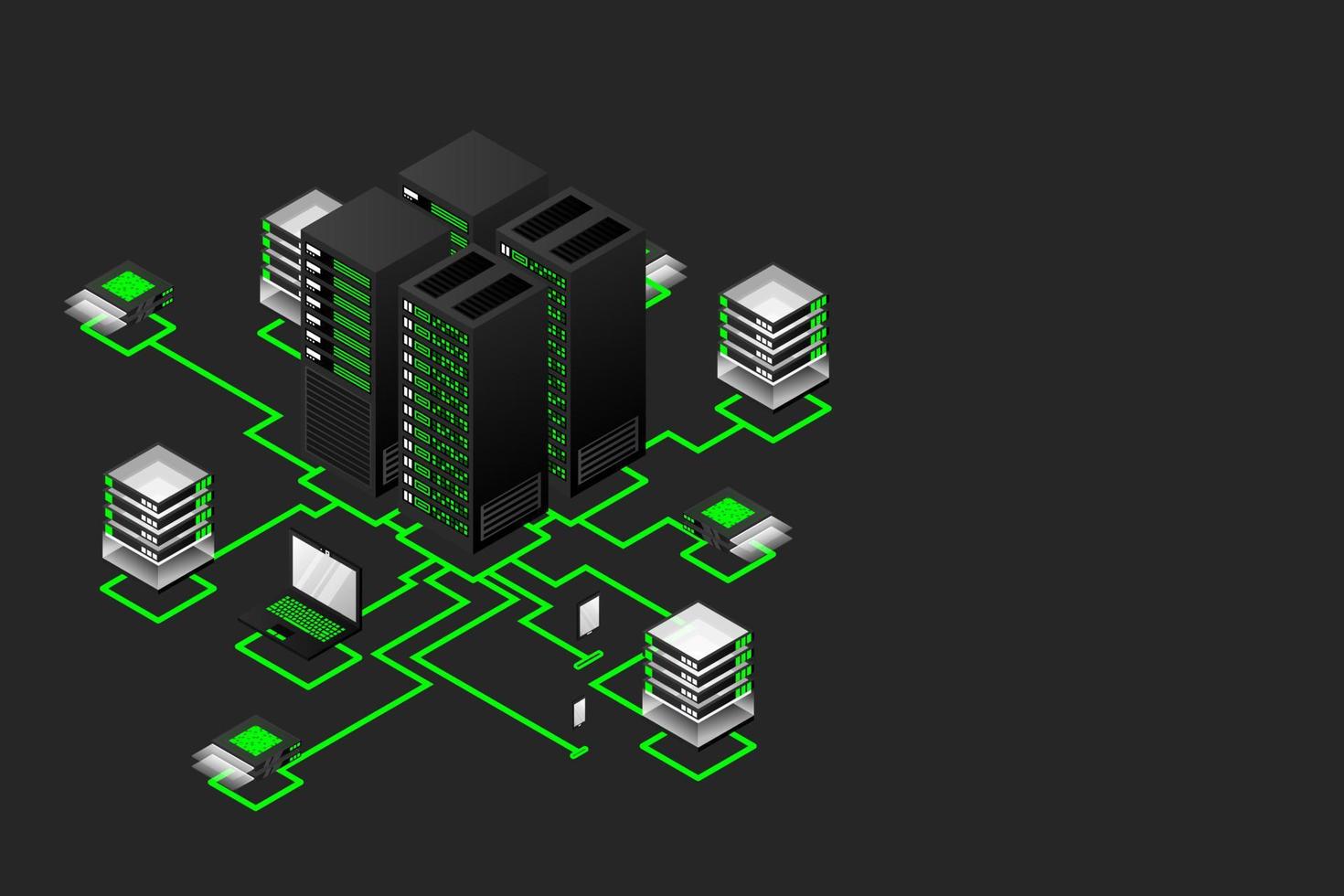 conceito de gerenciamento de rede de dados. Mapa isométrico de vetor com computadores e dispositivos de servidores de rede de negócios