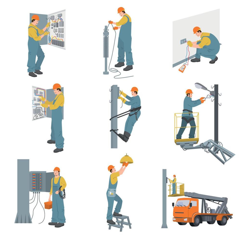 conjunto plano de trabalhadores elétricos vetor