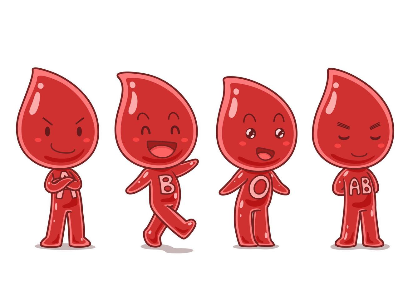 conjunto de personagem de desenho animado de tipos de sangue em poses diferentes. vetor