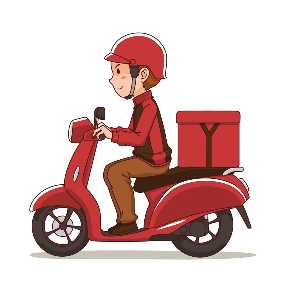 personagem de desenho animado do entregador de comida andando de motocicleta vermelha. vetor