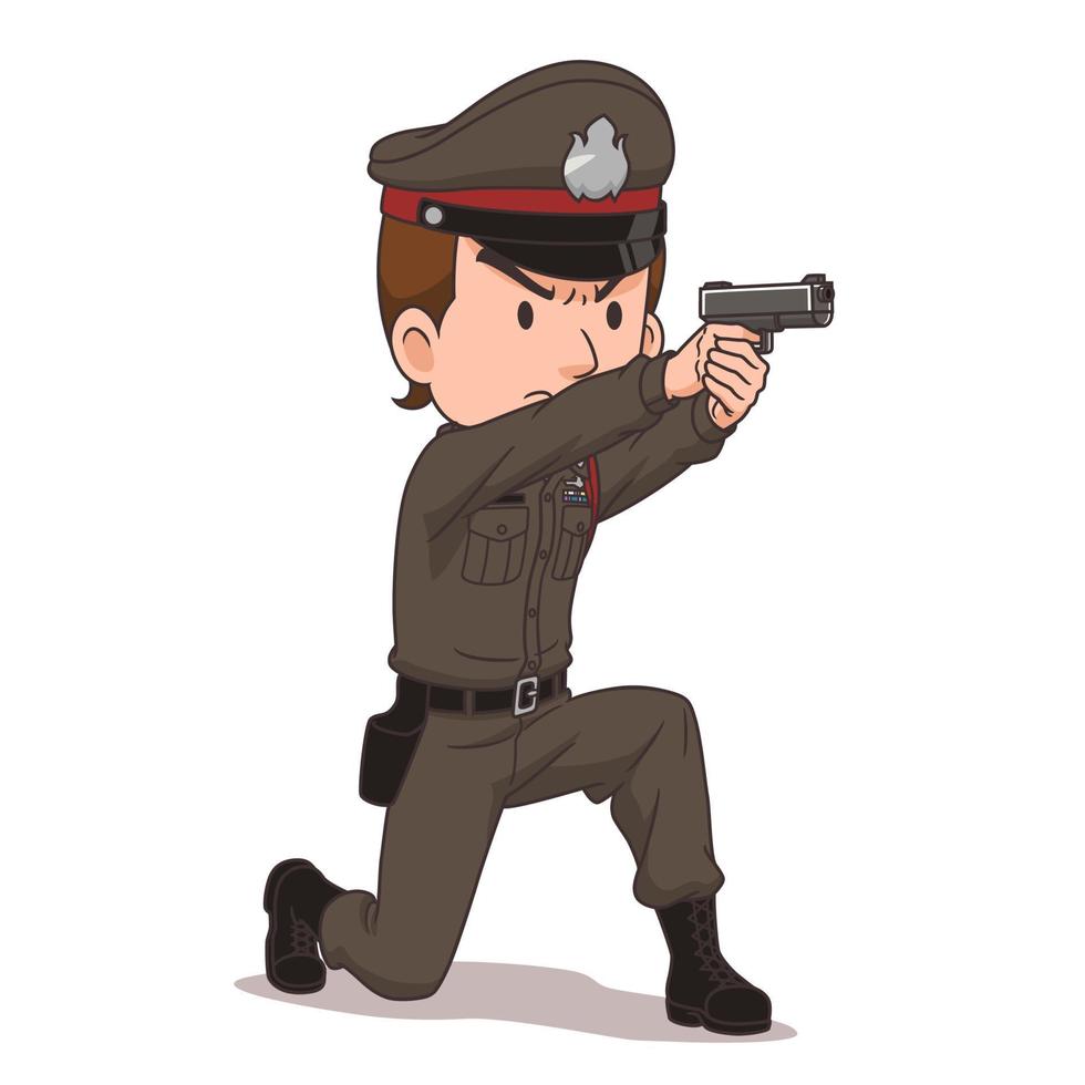 personagem de desenho animado da polícia tailandesa, apontando uma arma. vetor