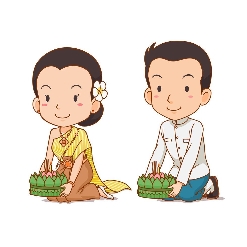 desenho de casal bonito em traje tradicional tailandês para o festival de loy krathong. vetor