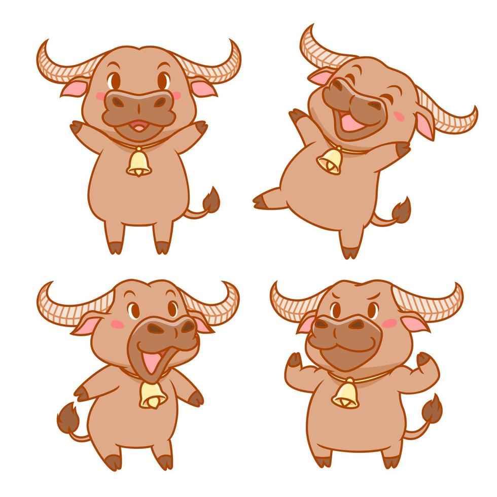 conjunto de búfalo bonito dos desenhos animados em diferentes poses. vetor