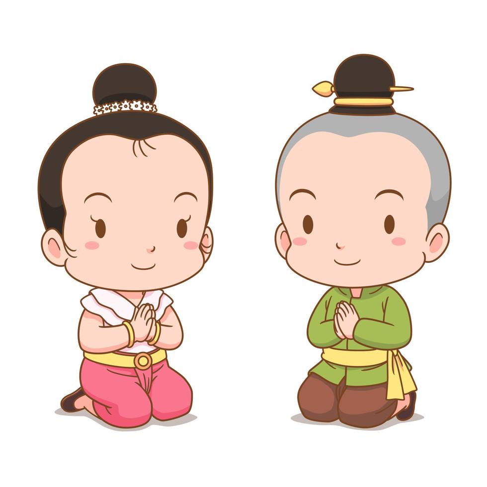 personagem de desenho animado de menino tailandês e menina em traje tradicional, juntando as mãos para sawasdee. vetor