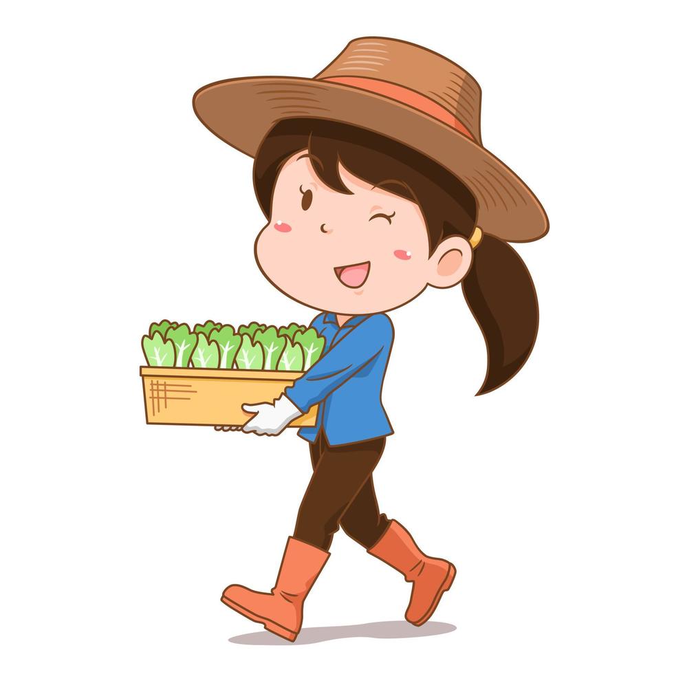 personagem de desenho animado da agricultora carregando legumes. vetor