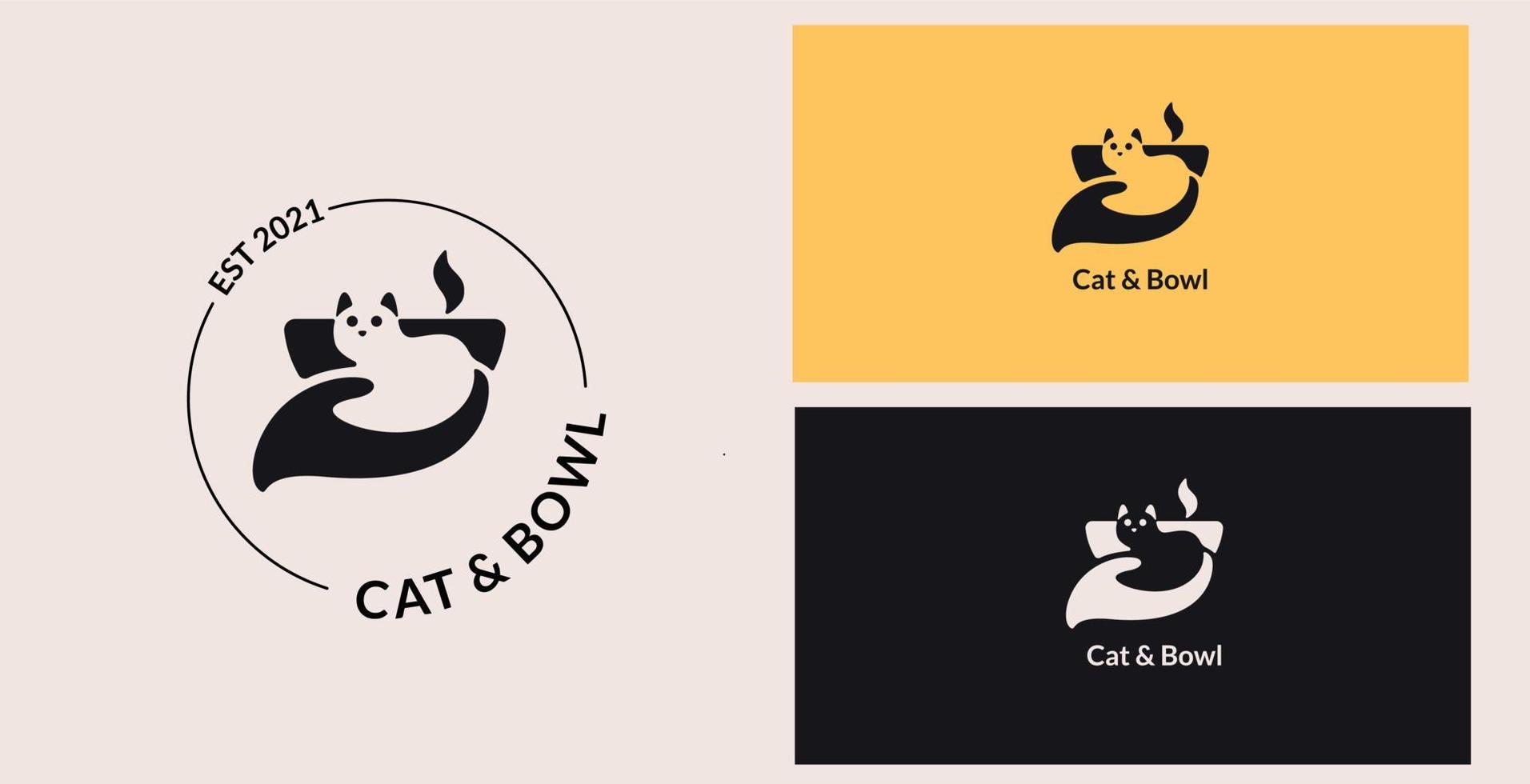 gato com mão e modelo de design de logotipo de tigela vetor