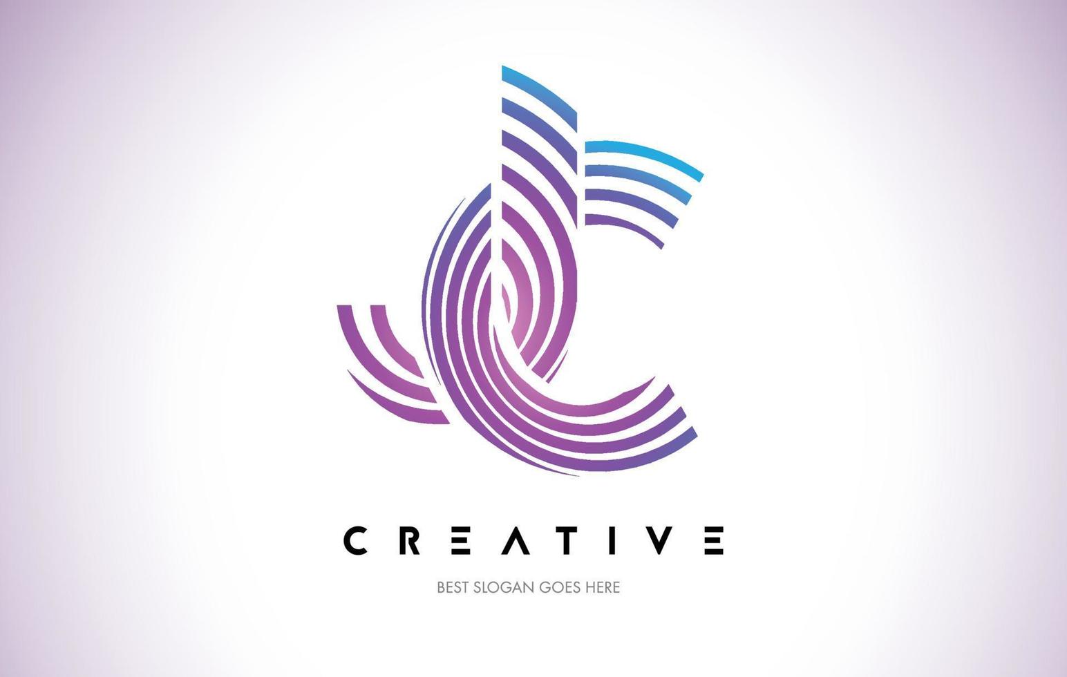 design de logotipo de dobra de linhas jc. ícone de carta feito com linhas circulares roxas. vetor