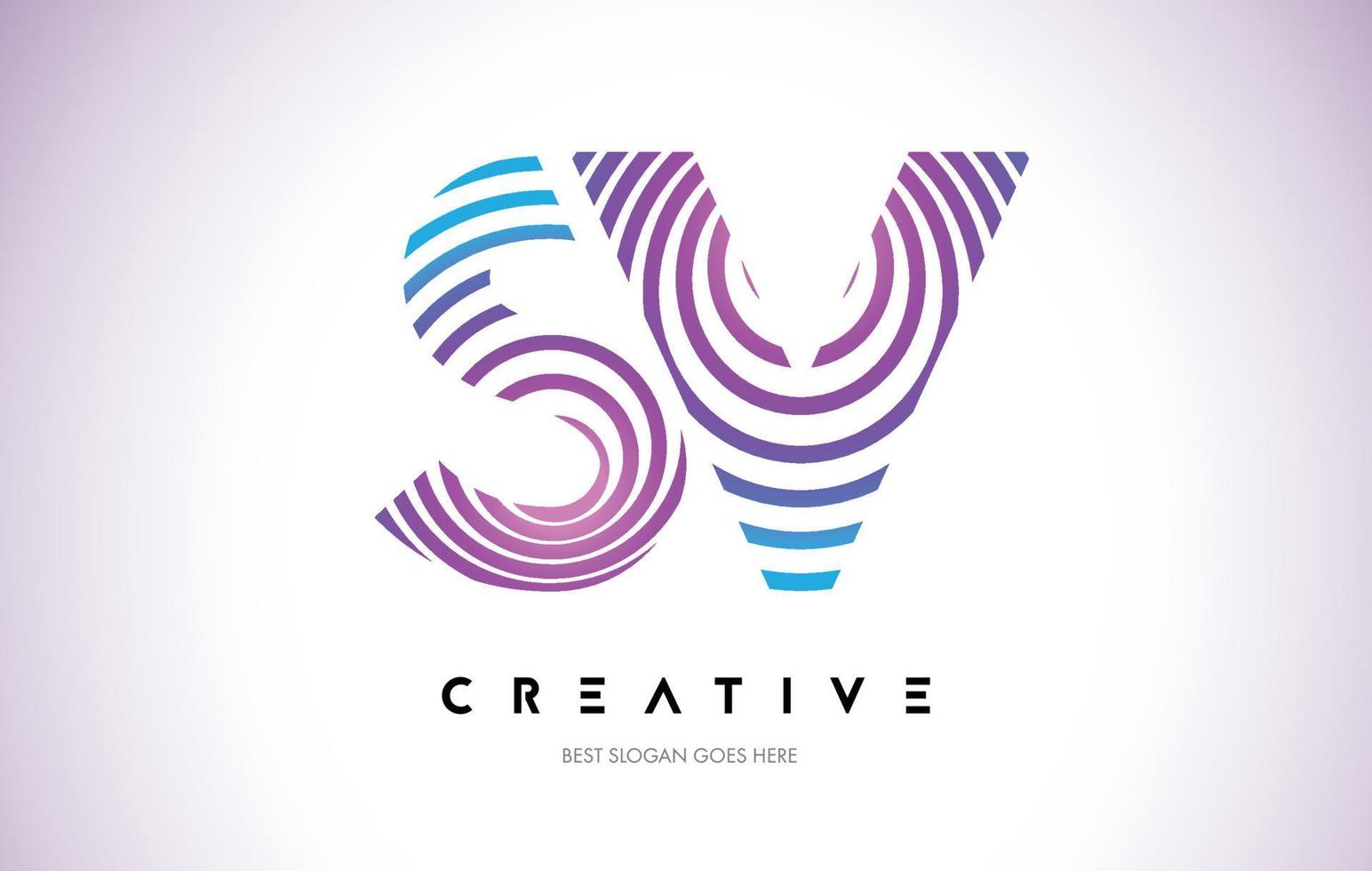 Projeto do logotipo do sv Lines Warp. ícone de carta feito com linhas circulares roxas. vetor