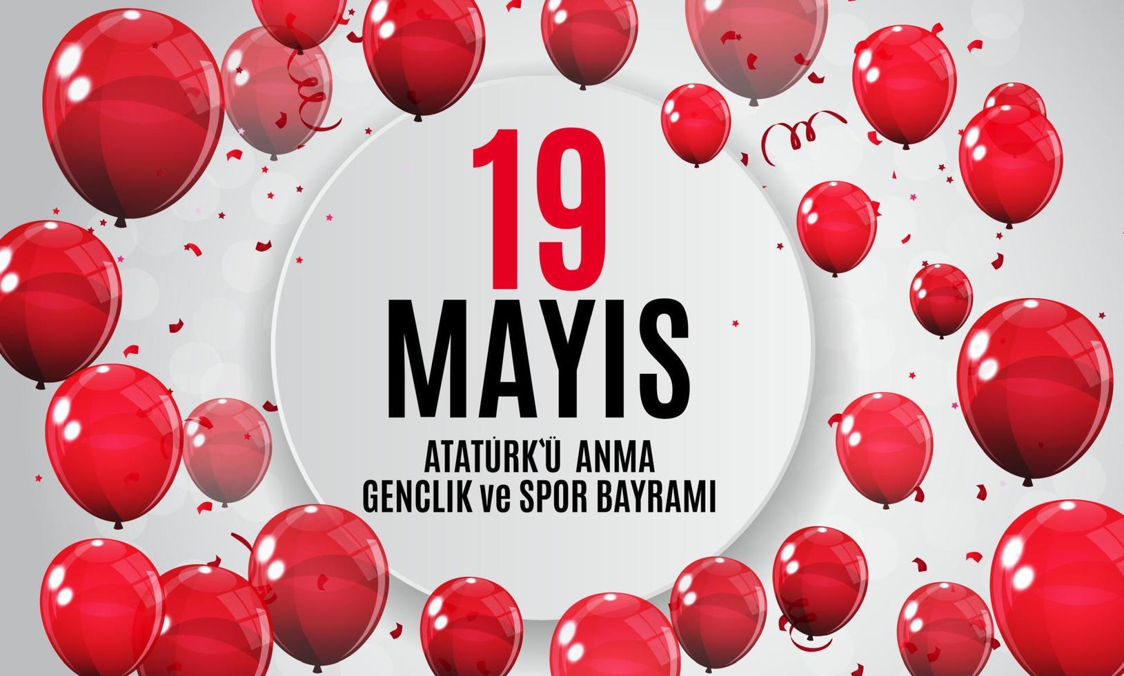 19 de maio comemoração do ataturk, dia da juventude e do desporto. o turco fala 19 mayis ataturku anma, genclik ve spor bayrami. cartão de saudação de feriado turco. ilustração vetorial vetor