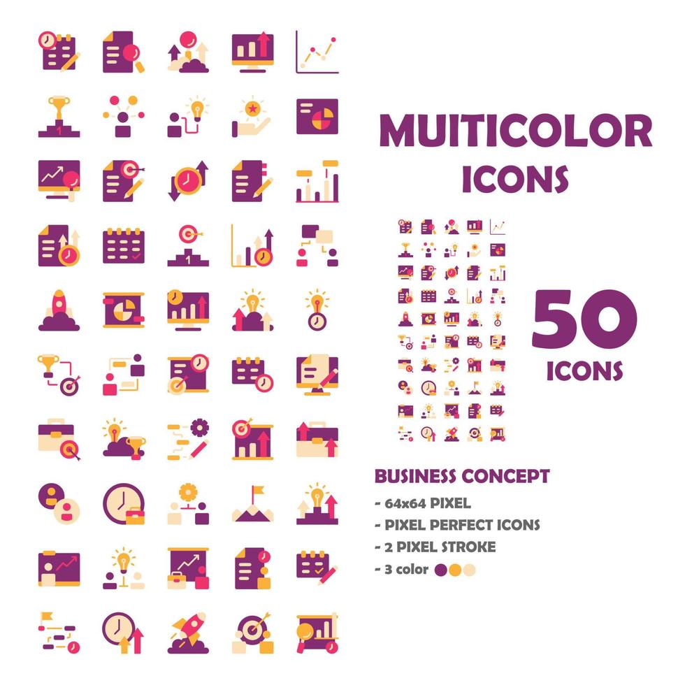 Conjunto de 50 ícones de ícones multicoloridos de negócios. vetor