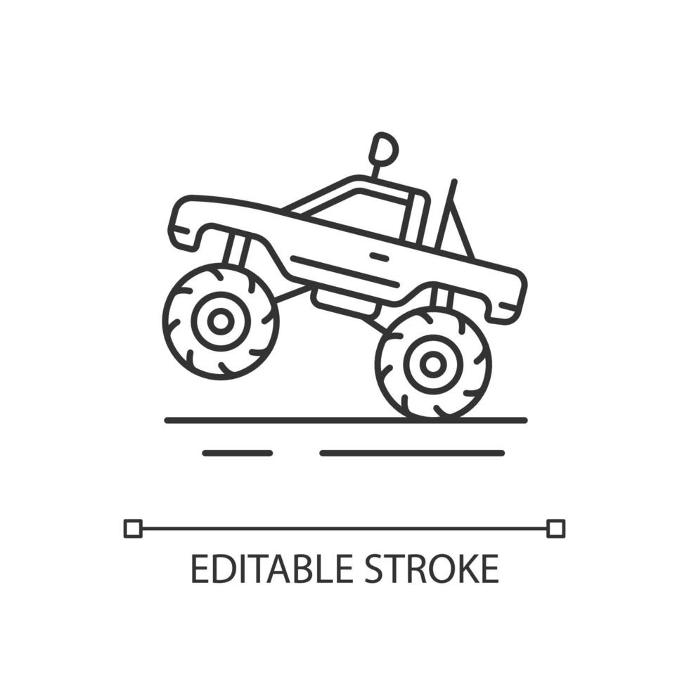 ícone linear de corrida de caminhão monstro. picape com pneus de grandes dimensões. evento competitivo de entretenimento. ilustração personalizável de linha fina. símbolo de contorno. desenho de contorno isolado do vetor. curso editável vetor