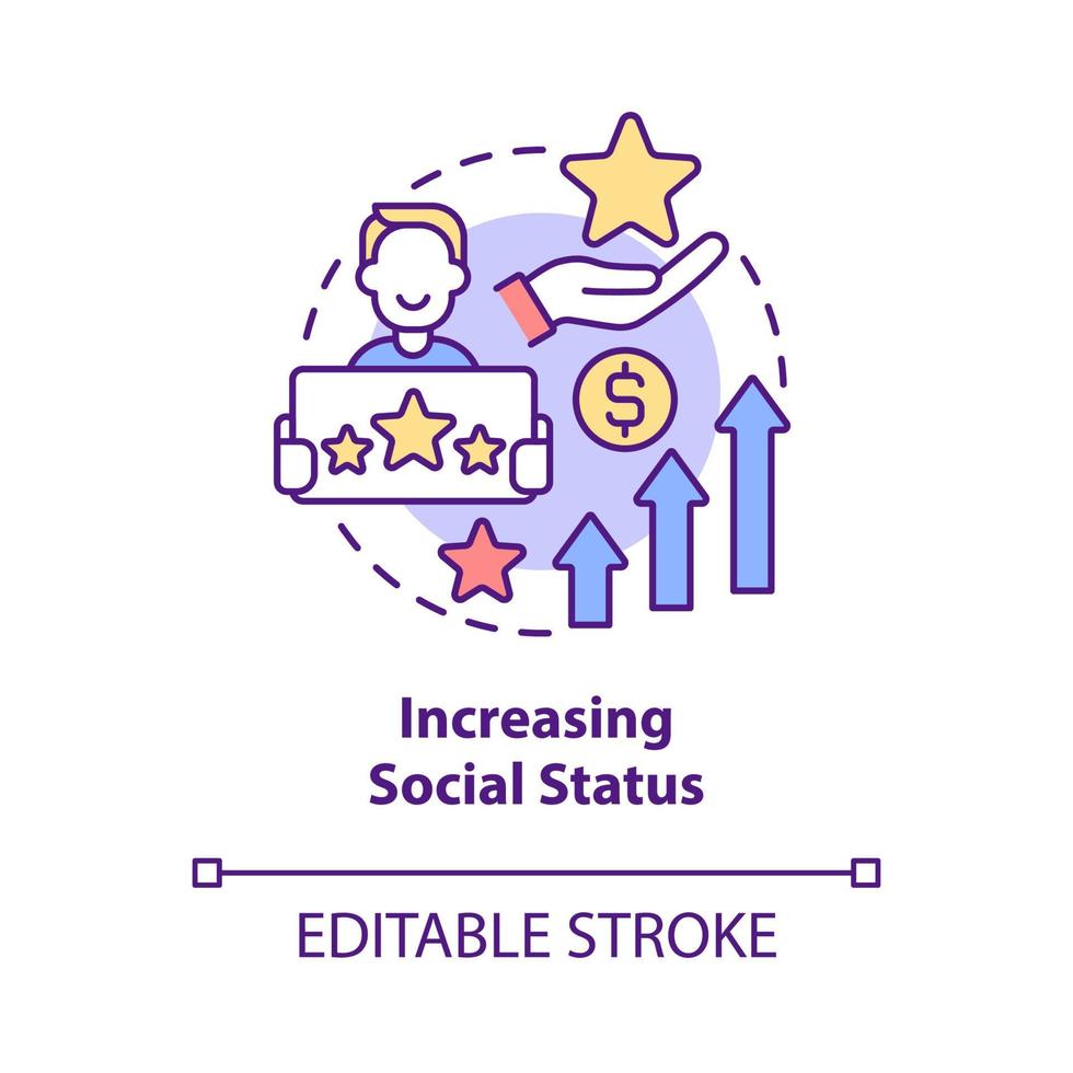 ícone do conceito de status social crescente. exibir riqueza e posses. compra excessiva e ilustração de linha fina de ideia abstrata de gastos excessivos. desenho de cor de contorno isolado vetor. curso editável vetor