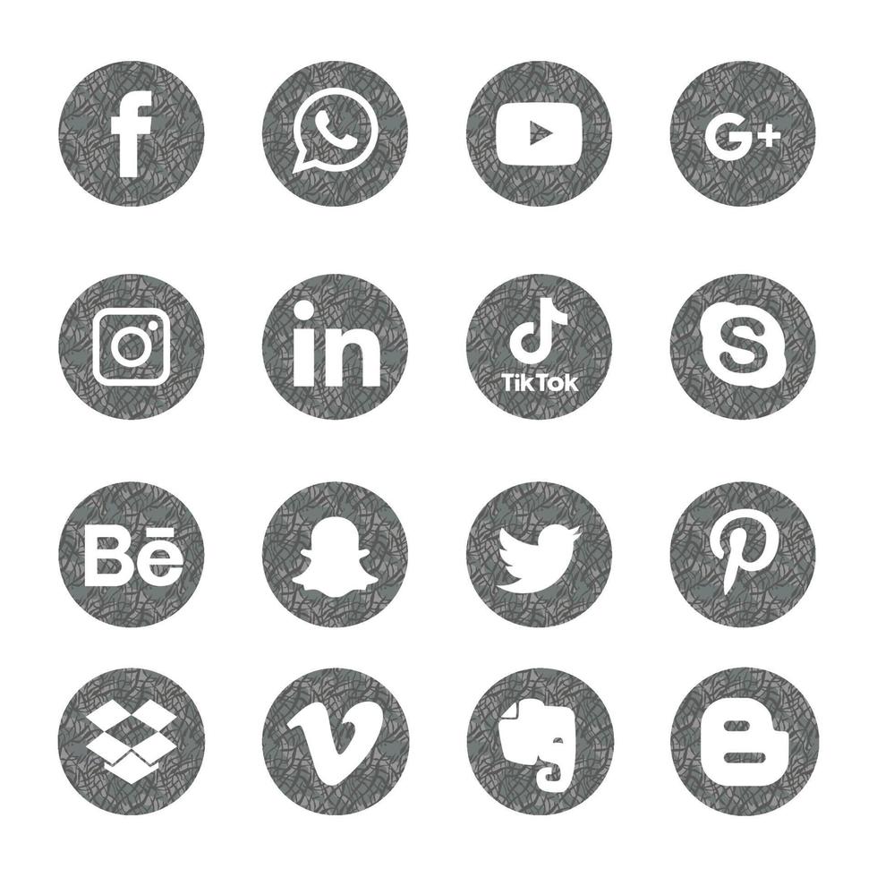 conjunto de ícones planos de mídia social vinculados em, pinterest, grupo, drop box, elefante, veemo bechance. compartilhar, como, ilustração vetorial twitter, youtube, whatsapp, snapchat, facebook, instagram, tiktok, tok vetor