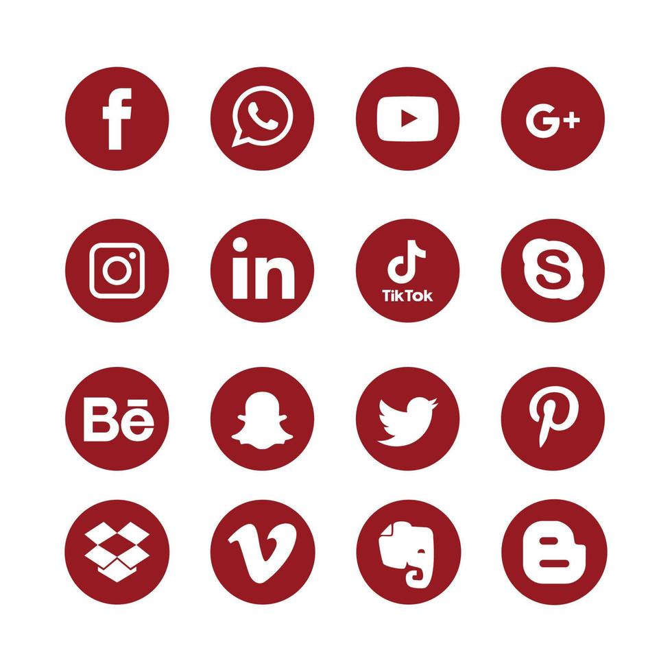 conjunto de ícones planos de mídia social vinculados em, pinterest, grupo, drop box, elefante, veemo behance. compartilhar, como, ilustração vetorial twitter, youtube, whatsapp, snapchat, facebook, instagram, tiktok, tok vetor