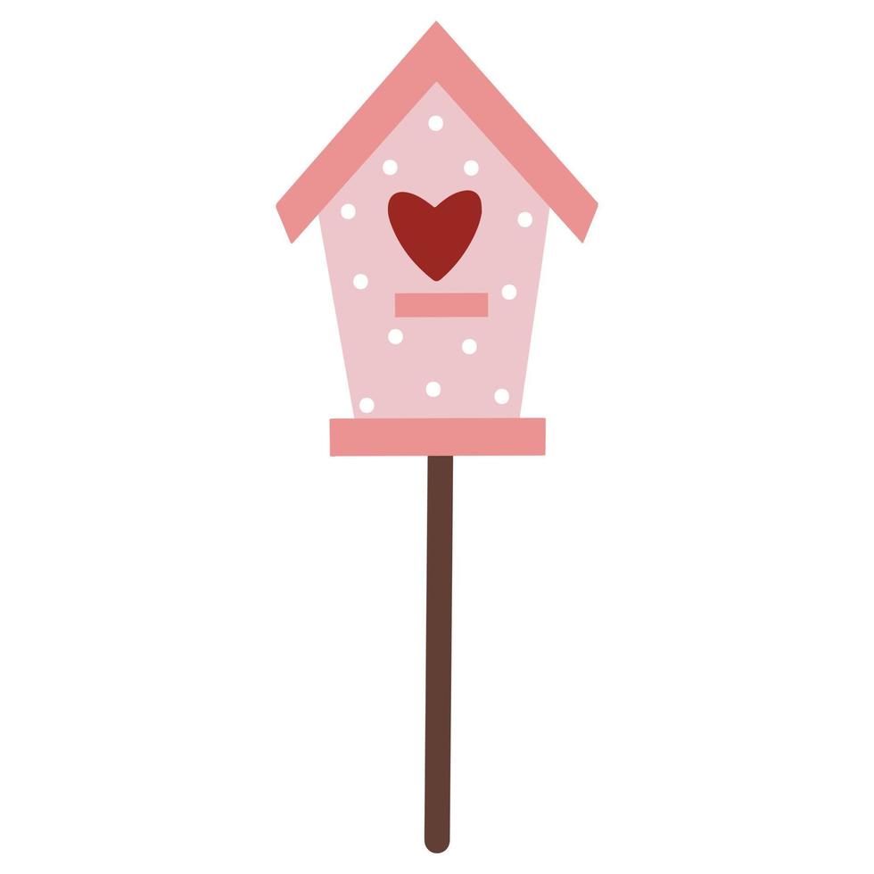 birdhouse bonito dos desenhos animados em um ícone de vetor de pólo. mão desenhada primavera clipart de Páscoa isolado no fundo branco. caixa-ninho rosa com bolinhas, entrada em forma de coração. conceito plano para o dia dos namorados.