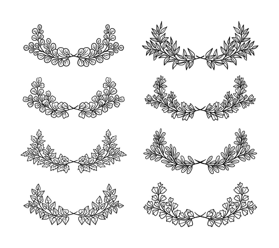 coleção de coroas de folhas lineares vintage desenhadas à mão, ramos e louros para decoração vetor